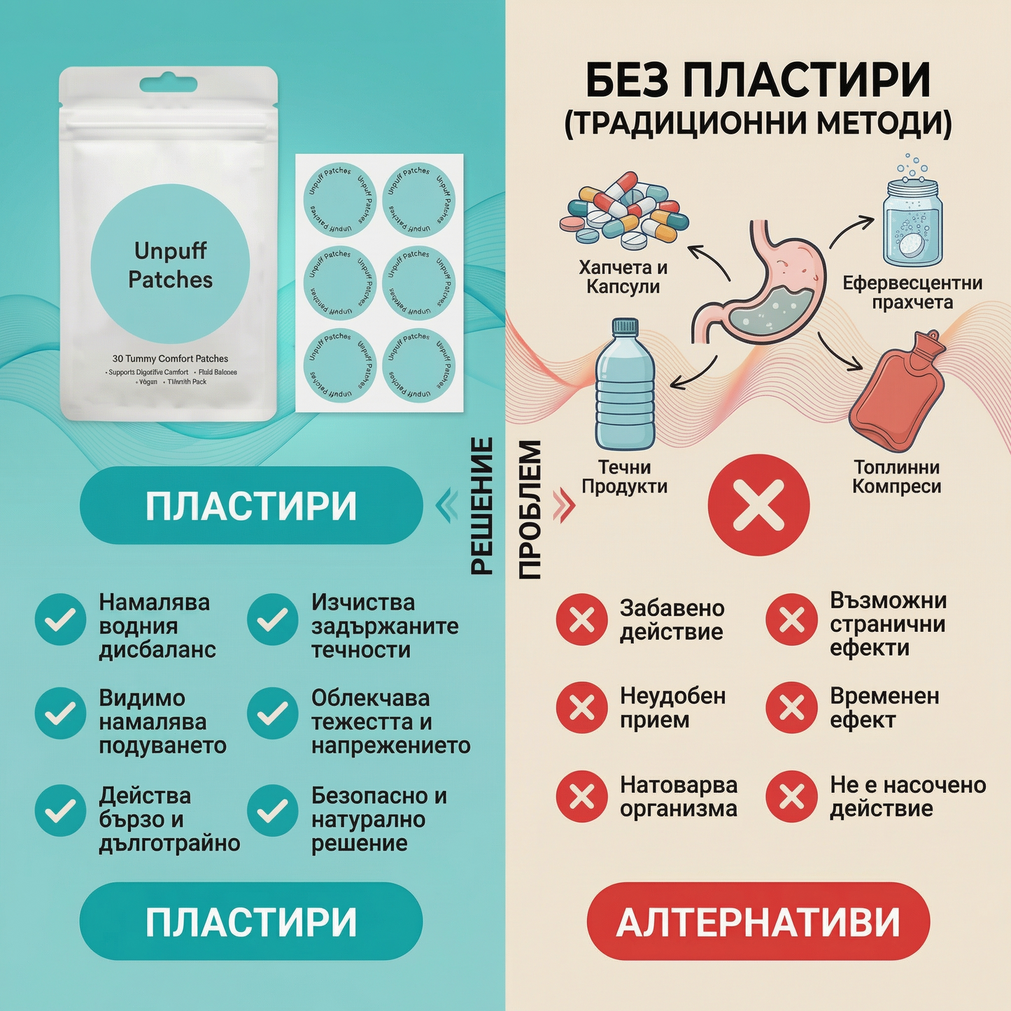 Билкови пластири против подуване,тежест и задържане на течности (30 пластира)