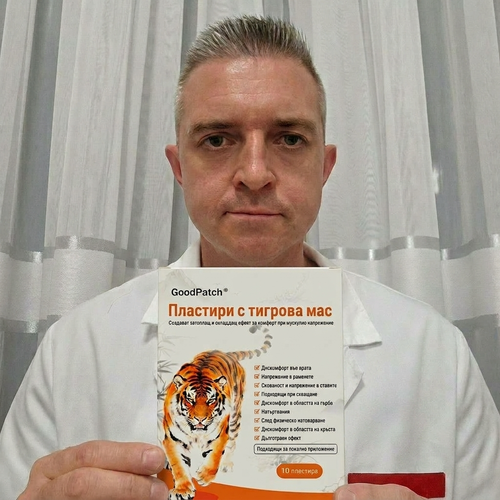 Калоян Пенев, магистър фармацевт, държи пластир GoodPatch с тигрова мас за облекчение на болки в мускули и стави